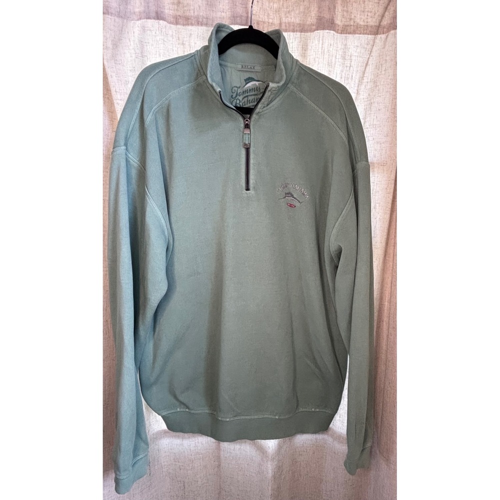 Tommy Bahama Relax Mens LT Sage Green 100% Cotton Quarter Zip Marlin Pullover